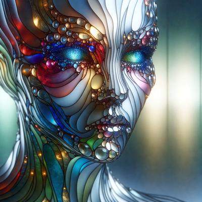 The primary subject of the image is a close-up of a face, which appears to be a digital art or illustration. The face is adorned with a variety of colorful beads and jewels, giving it a unique and artistic appearance. The setting is a dark room, which adds to the dramatic and mysterious atmosphere of the image. The visual style is a combination of digital art and illustration, creating a striking and eye-catching portrait. The colors and mood of the image are predominantly dark and moody, with the vibrant colors of the beads and jewels providing a contrasting and lively element.